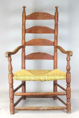 Rare 18th C W&m Ct Ladderback Armchair Scrolled Down - Sloping Arms In Great Paint