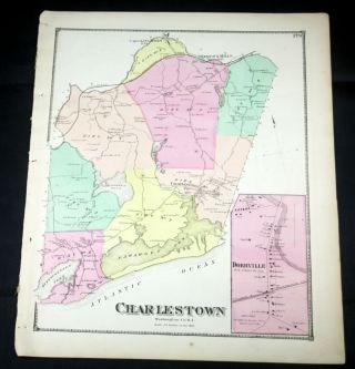 Antique 1870 D.  G.  Beers Atlas Hand Colored Map Charlestown Rhode Island