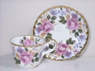 Allyn Nelson Fine China Teacup & Saucer Pink Roses Blue/yellow Flowers Gold Trim