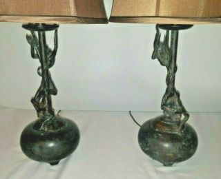 Rare Maitland Smith Vtg Bronzetable Lamps Mid Century Monkeys Buffet