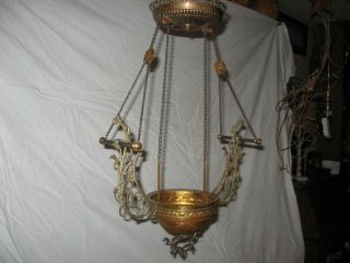Rare Leveling Vintage Antique Hanging Oil Kerosene Parlor Lamp Victorian Brass