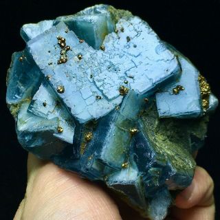 280g Very Rare Granular Pyrite Based On The Translucent Deep Blue Cubic Fluorite