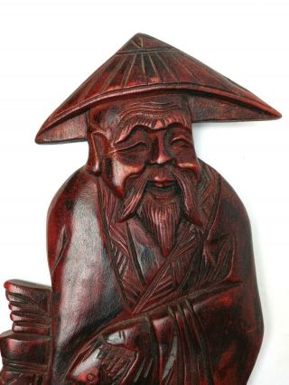 Vintage Antique Chinese Wood Carved 14.  5 " Wall Hang Figure Of A Happy Fishman