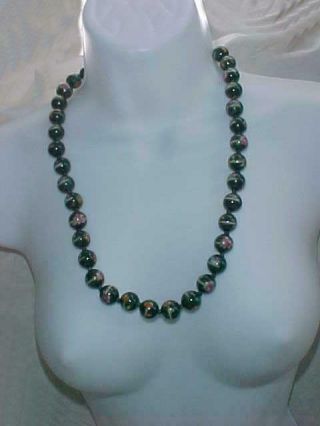 Vintage Green Floral Cloisonne Bead Knotted 24 " Necklace W/ 10k Gold Clasp