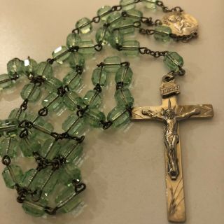 Frano Sterling Green Glass Beads My Rosary Case 19 - 20 In Vintage Antique Ex Cond