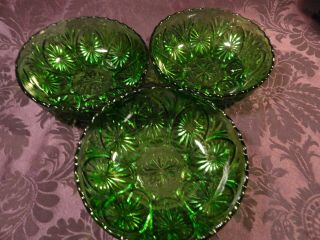 Vintage Set Of 3 Emerald Green Bowls 8 " X 2 3/4 " Scalloped Edge/star Burst Cut