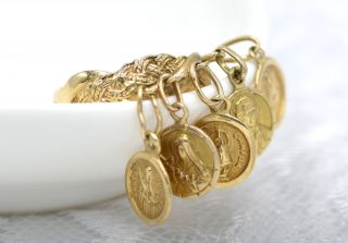 Rare Ladies 18K YG 5 Religious Dangling Coins w Weave Band Ring SZ 4.  75 Estate 5