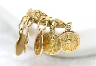 Rare Ladies 18K YG 5 Religious Dangling Coins w Weave Band Ring SZ 4.  75 Estate 6
