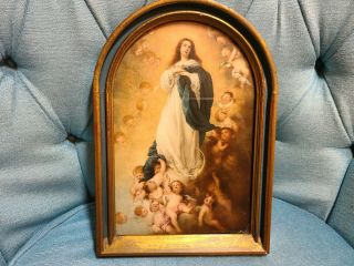 Vintage Rare Wood Frame Mother Of God With Angels Picture Art 11 1/2 X 8 " In.