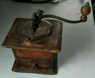 Antique Coffee Grinder - Hand Crank - Wood And Cast Iron - Dovetail Joints