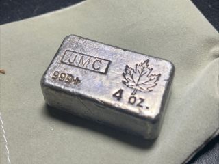 Very Rare 4 Oz Jmc Johnson Matthey Canada 999 Poured Silver Maple Leaf Bar.
