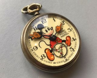 Very Rare Mickey Mouse “red Beard” Ingersoll Pocket Watch Dated 1936.