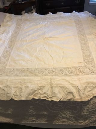 Antique Vintage White Linen & Cluny Lace Monogram European Pillow Sham.