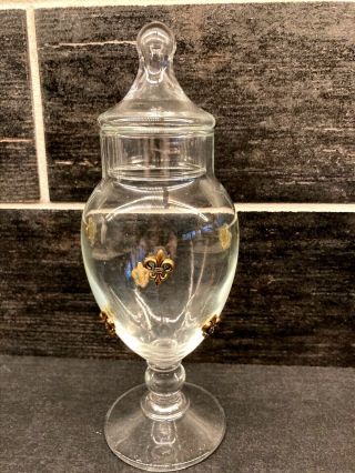 Vtg Mcm Mid Century Modern Glass Apothecary Jar Gold Fleur De Lis 8.  5 "