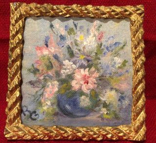 Vtg Small Floral Vase Oil Painting On Board In Gold Pot Metal Frame 3.  5 " X 3.  5 "