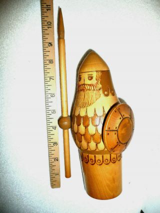 Rare Vintage Hand Carved Wooden Viking Figure With Sheild And Staff