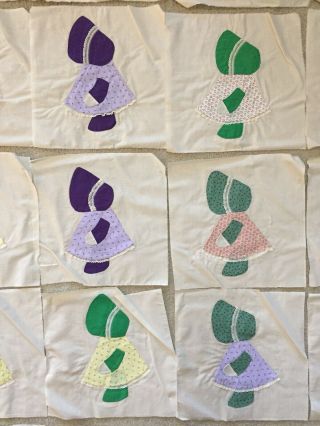 44 Hand AppliquÉ Sun Bonnet Sue Quilt Blocks Pastel Colors 13” Squares