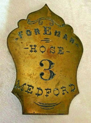 Antique Medford Hose 3 Fire Department Engraved Large Badge 1800 