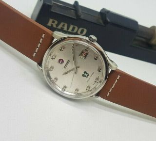 RARE LARGE 1970 ' S RADO GREEN HORSE SILVER DIAL DATE AUTOMATIC MAN ' S WATCH 3