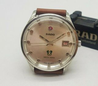 RARE LARGE 1970 ' S RADO GREEN HORSE SILVER DIAL DATE AUTOMATIC MAN ' S WATCH 5