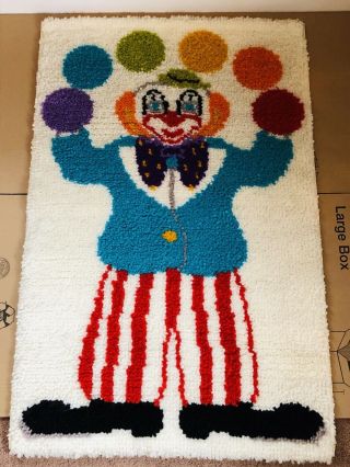 Vintage Clown Latch Hook Rug Picture Wall Hanging Rare Huge 42” X 28”