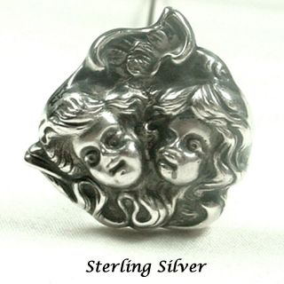 Antique Art Nouveau Hat Pin Sterling Silver Top 2 Child Girl Faces 8 " Long