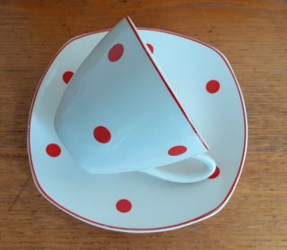 Rare MIDWINTER Fashion Shape Tea Cup & Saucer RED DOMINO VARIANT Polka Dot 2