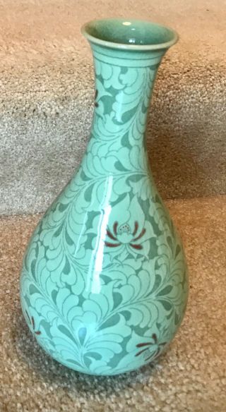 Vintage Korean Celadon Green Glazed Vase Signed 10” Height Lotus Blooms Flower
