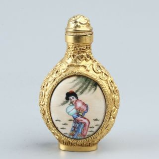 Chinese Exquisite Handmade Ancient beauties flower Copper enamel Snuff Bottle 3