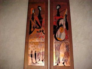 33 " Rare Pair Judith Daner Enamel Copper Art Paintings Modern Midcentury Plaques