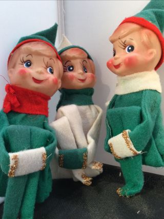 Rare Vintage Set Of Three Felt Christmas Elf On The Shelf Knee Hugger Blue Eyes