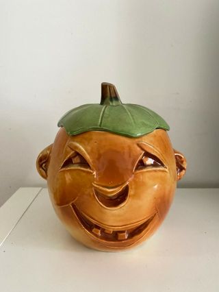 Mccoy Pottery,  Jack - O - Lantern,  Pumpkin Cookie Jar With Green Lid - Rare 1955