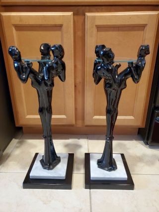 Rare Art Deco Three Graces Floor Ashtray Stands - Frankart - Black With Marble -