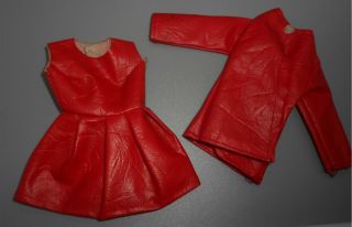 Vintage Barbie Clone Maddie Mod Red Vinyl Flare Dress W/ Matching Red Vinyl Coat