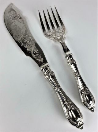 Antique Ornate Pierced Chased Silver Plate Fish Cutlery Serving Fork Knife Set