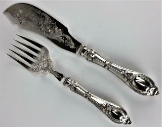 ANTIQUE ORNATE PIERCED CHASED SILVER PLATE FISH CUTLERY SERVING FORK KNIFE SET 2