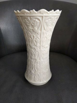 Antique Vintage Lenox Porcelain Detailed White Ivory Vase With Scalloped Top