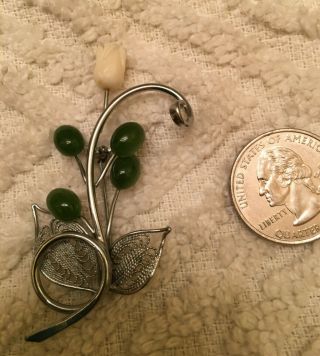 Antique Vintage Silver Filigree Floral Brooch Pin With Dark Green Jade Stone