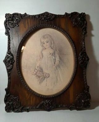 Vintage Rolland R Hendrickson Wood Carved Frame Girl Doll Bear Print 13.  5 X 11.  5