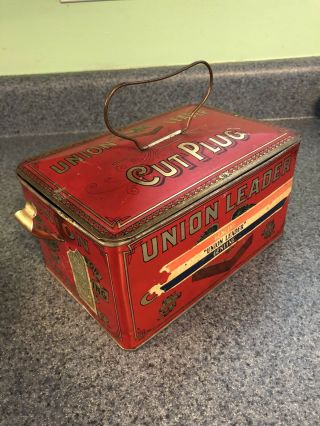 Vintage Union Leader Cut Plug Tobacco Tin Box With Tax Stamp And Rare Rwb Ribbon