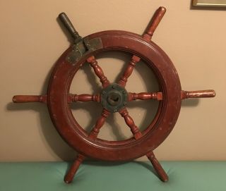 Rare Antique Ships Wheel Wood & Brass W/ Brass Steering Or Suicide Knob 28 "