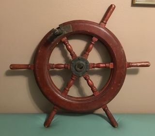 Rare Antique Ships Wheel Wood & Brass W/ Brass Steering or Suicide Knob 28 