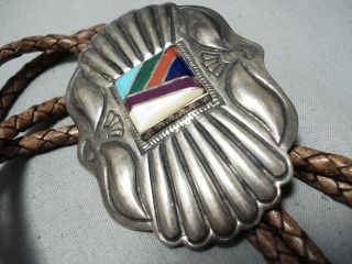 Rare Vintage Detailed Navajo Turquoise Sterling Silver Inlay Bolo Tie