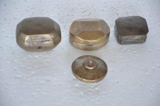 4 Pc Old Brass Handcrafted Different Small / Penny Powder Boxes,  Patina