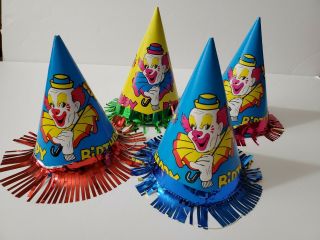 Vintage Party Hats 4 Paper Cones Clown Shiny Fringe Happy Birthday Circus Blue
