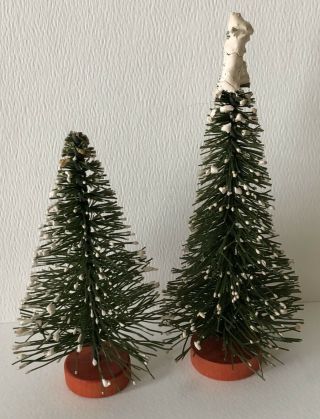 Antique German Putz Bottle Brush Snow Flocked Red Base Christmas Tree Pair 11