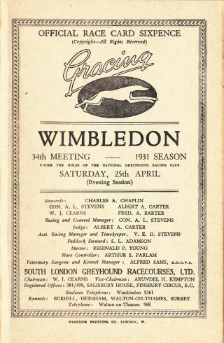 Wonderful 1931 Wimbledon Greyhound Racing Booklet 34th Meet Rare.