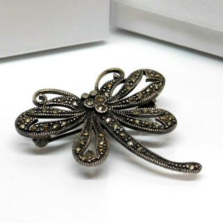 Antique Vintage Art Deco Sterling Silver Marcasite Dragonfly Brooch Pin 2