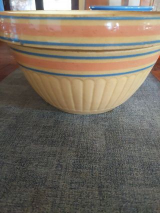 Antique Yellow Ware Pottery Baby Blue And Pink Bands Mixing Bread Bowl 9.  5 Inch