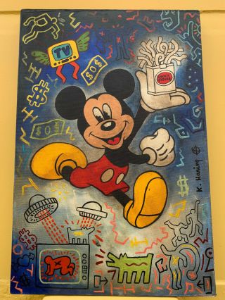Keith Haring Oil On Canvas Painting Mickey Mouse Rare Signed